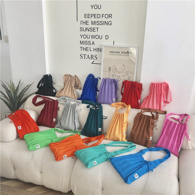 Female Wool Knitted Pleats Tote Organ Bag Designer Chic Stitching Contrast Korean Fashion Shoulder Shopper Handbag For Women - Executive-Skincare