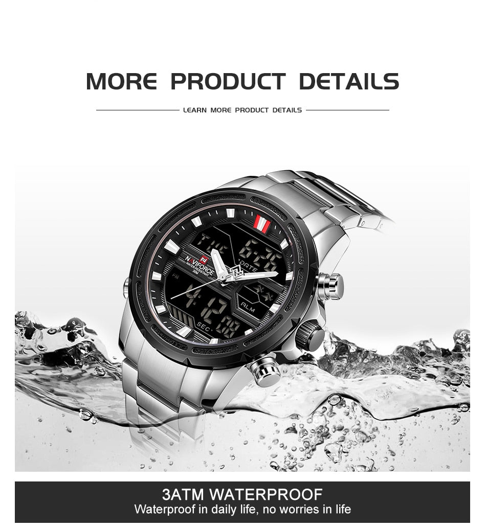 NAVIFORCE Watches for Men Luxury Brand Digital Chronograph Sport Quartz Wristwatch Waterproof Military Steel Band Luminous Clock - Executive-Skincare