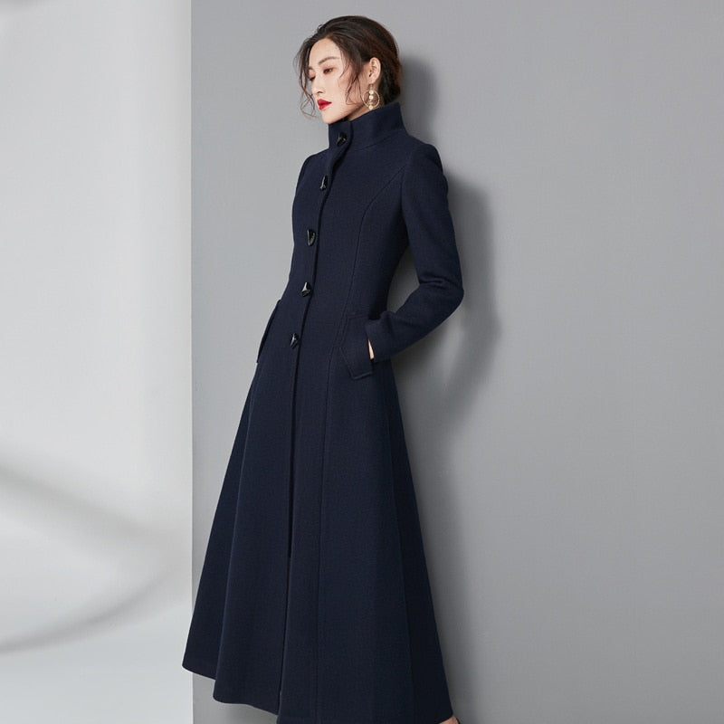 2021 Autumn And Winter Women&#39;s New Super Long Stand Collar Slim Waist Fashion Temperament Retro Triangle Buckle Woolen Coat - Executive-Skincare