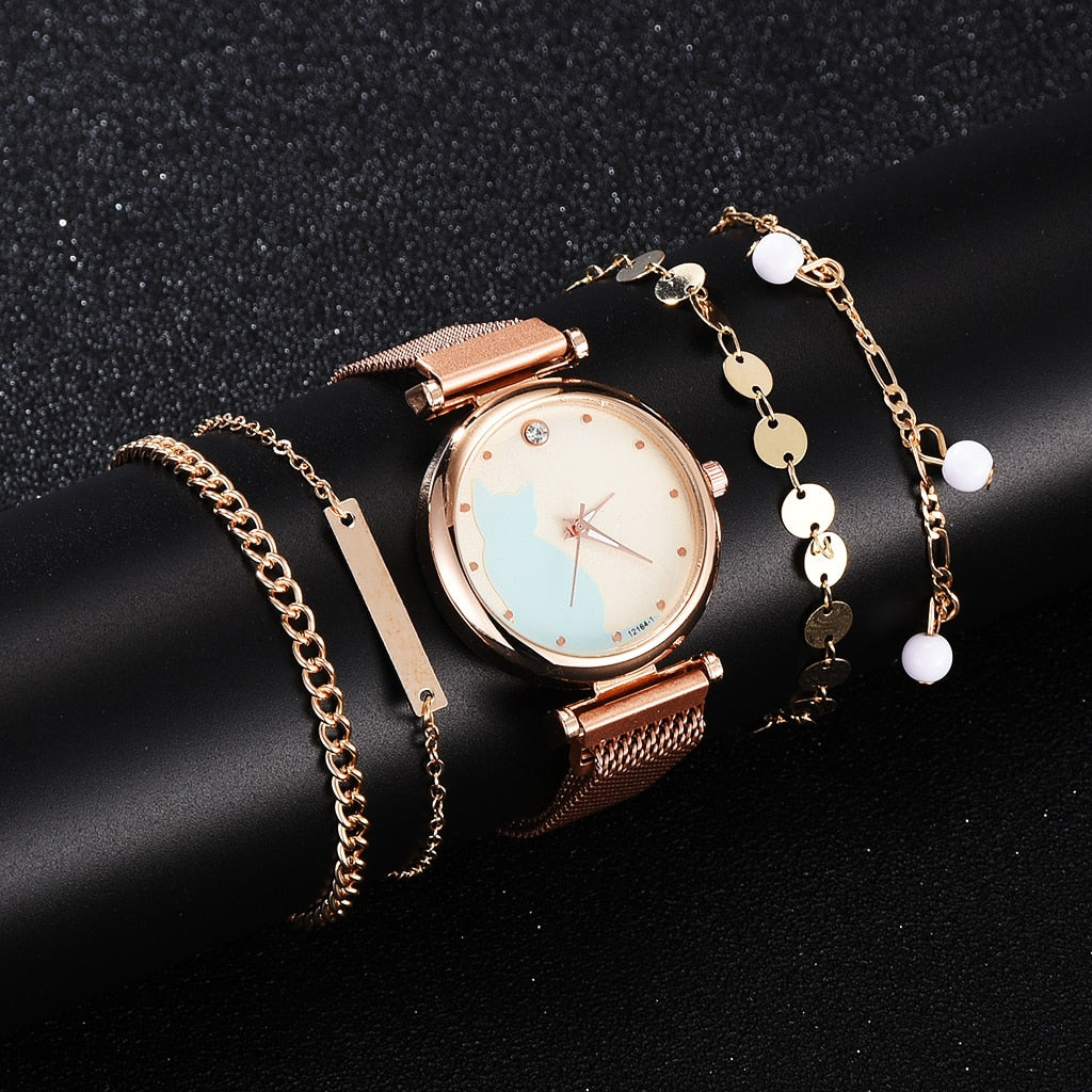 Fashion Watch Set Women 5pcs Quartz Wristwatch Mesh Bracelet Cat Dial Luxury Woman Watch Casual Ladies Clock Relogio Femenino - Executive-Skincare