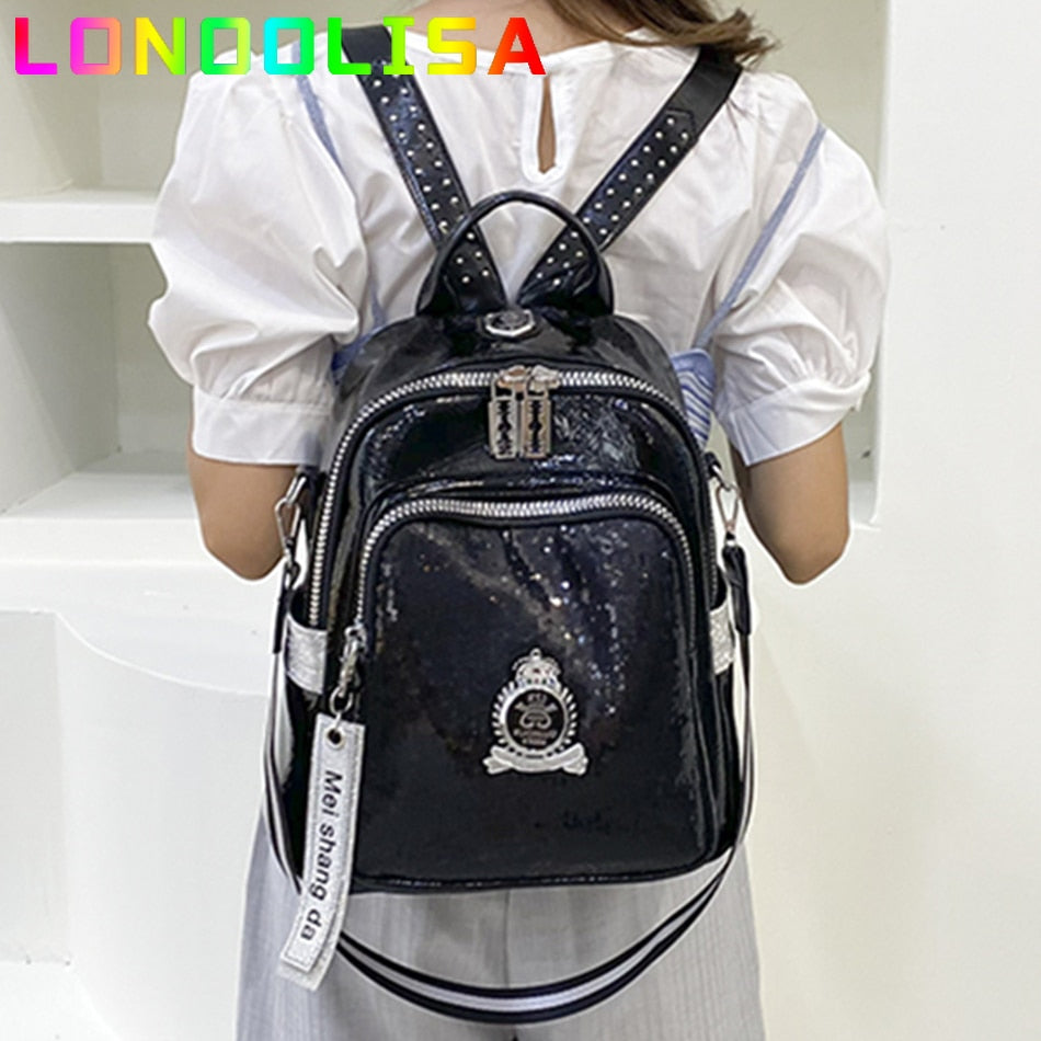 Fashion Sequins Women&#39;s Backpack High Quality Bookbag Soft Leather School Bags for Teenagers Girls 3 In 1 Ladies Travel Bagpacks - Executive-Skincare