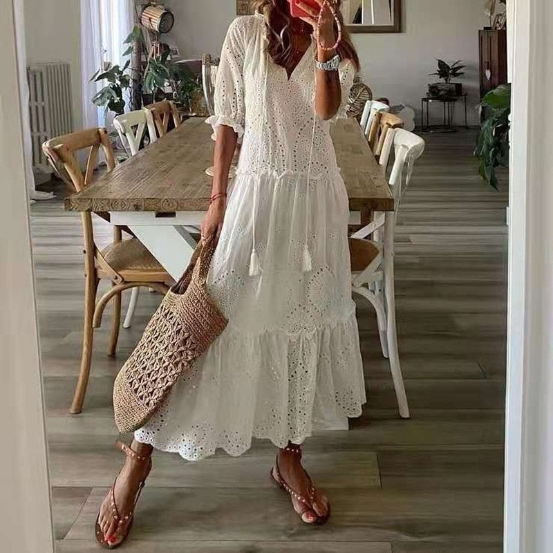 White Maxi Summer Dress Elegant Short Sleeve Hollow Out Bohemian Dresses for Women Loose Fit V Neck Loose Sundress Vestidos - Executive-Skincare