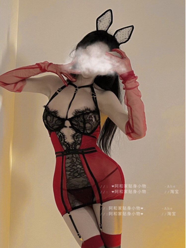 WOMENGAGA Black Mesh Red Lace Sexy Uniform Gauze Transparent Tight Sexy Mini Dress Slim Korean Women Tops Robe Sweet Fairy 5RYZ - Executive-Skincare