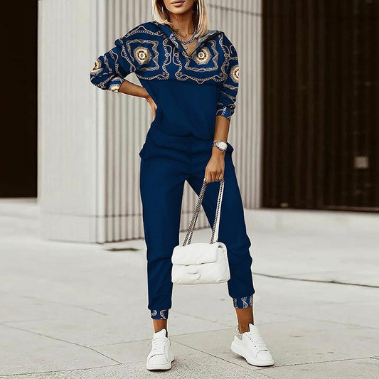 Hooded Long Sleeve Spring Autumn Pants Suit Women Print Tops Loose Pants Two Piece Set Vintage Patchwork Pockets Office Lady Set - Executive-Skincare