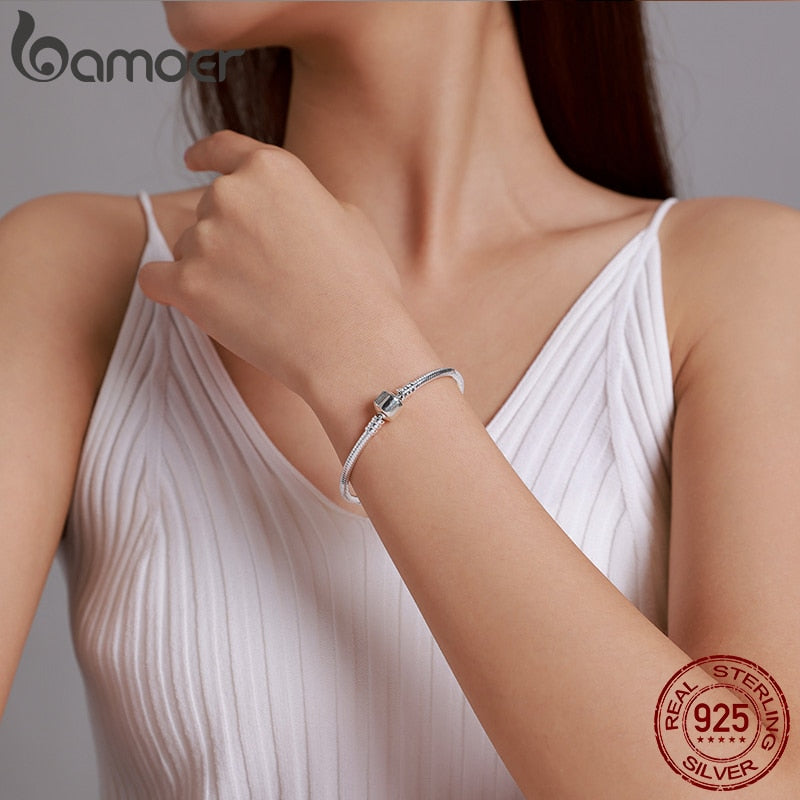 Bamoer 925 Sterling Silver Classic Snake Bracelet Women Personalized Charm Bracelet fit Letter Charm Bead - Executive-Skincare