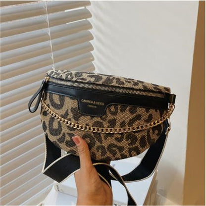 New Fashion Leopard Women Waist Bag Female Phone Purses Ladies Chest Wide Strap Crossbody Shoulder Bags Small Chain Fanny Packs - Executive-Skincare