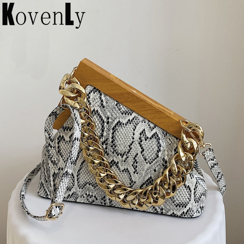 Lady Handbag Luxury Designer 2022 New Clutch Bag Snake Pattern Wooden Clip Handbags And Purse Woman Bags Vintage Shoulder Bag - Executive-Skincare