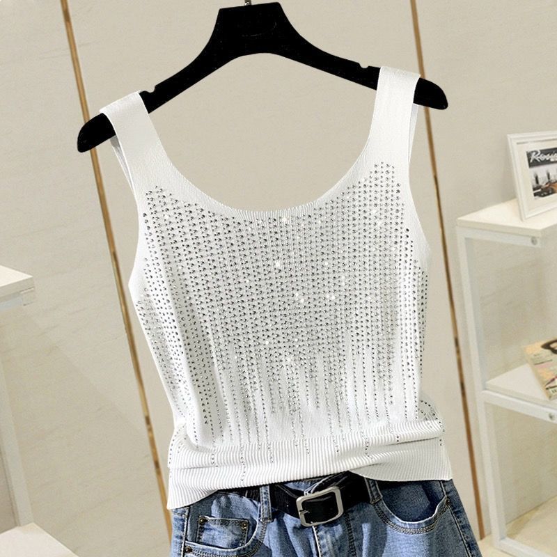 Small Women Summer Heavy Industry Hot Drill Vest Thin Ice Silk Knitted Bottomed Y2k Fashion Crop Tops Slim Mini Tank Tops - Executive-Skincare