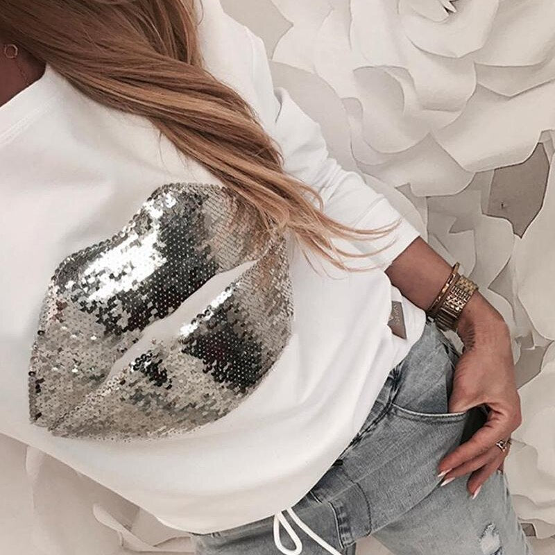 Spring Women Tops Hot Sequined Lip T-shirts Black White Casual Tee Shirt Femme O-neck Long Sleeve Tshirts   G1113 - Executive-Skincare