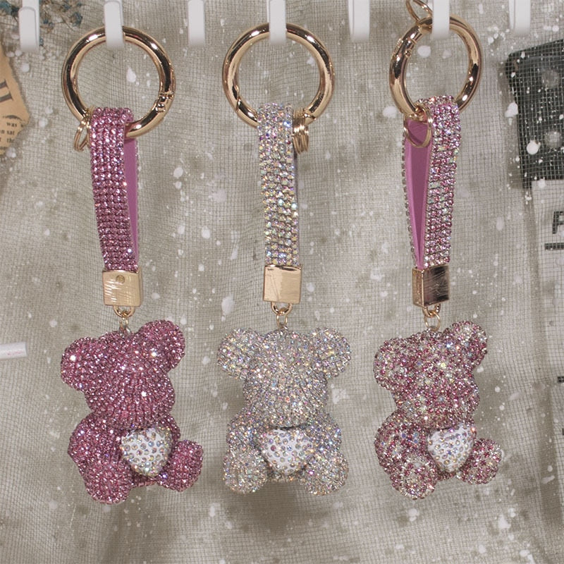 keychain cute diamond-encrusted bear car key pendant diamond female high-end personality bag pendant Valentine&#39;s Day present - Executive-Skincare