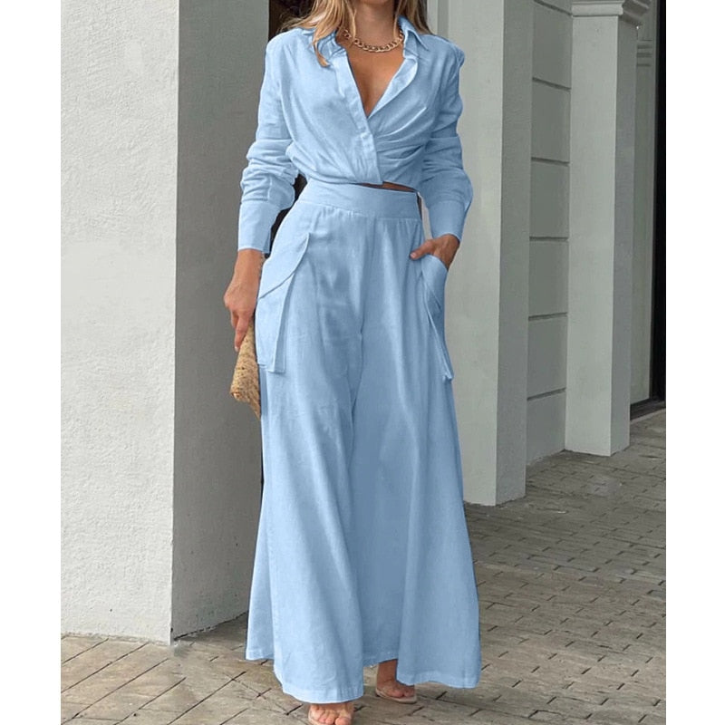 2 Piece set Suits 2022 New Women Shirt Suits ElegantTrousers Set Female Long Sleeve Shirt And Wide Leg Straight Pants Streetwear - Executive Quality Store