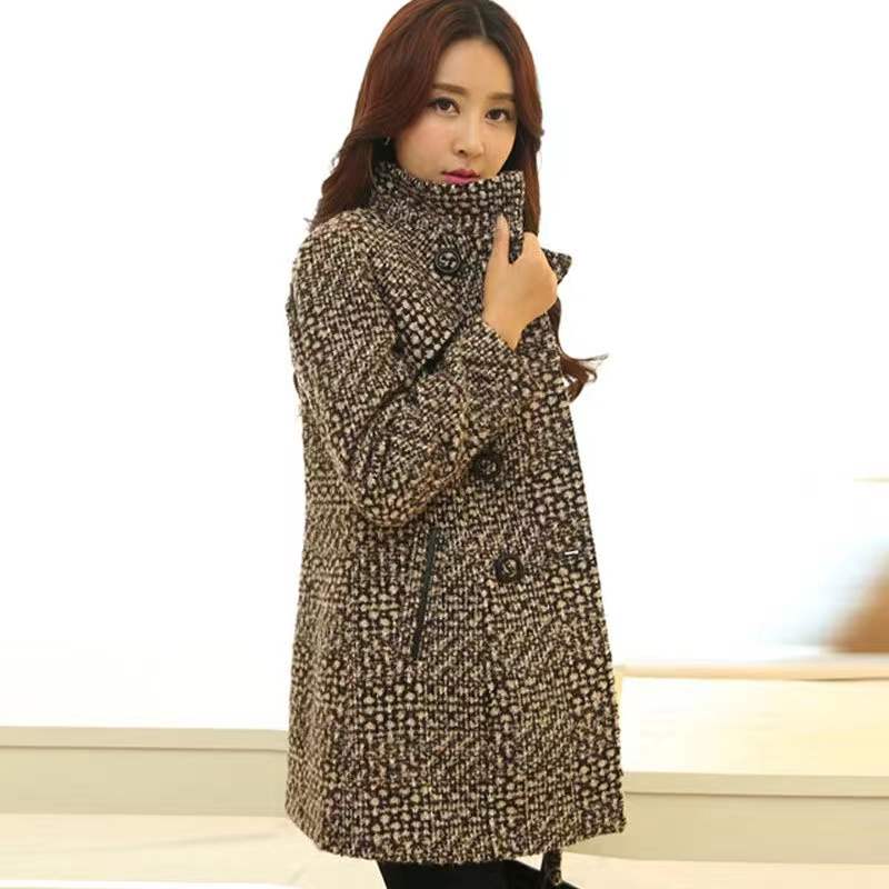 New Women&#39;s Wool Blends Coat Winter 2022 Autumn Fashion Elegant Mother Turtleneck Plaid Slim Long Tweed Woolen Outerwear Female - Executive-Skincare