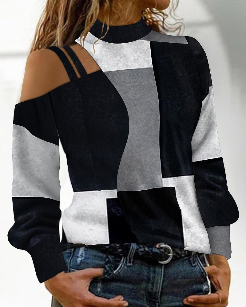 Autumn Winter Geometric Print Cold Shoulder Top 2022 Ninimour Women Long Sleeve Round Neck Pullover T-Shirts Casual Black Blouse - Executive-Skincare