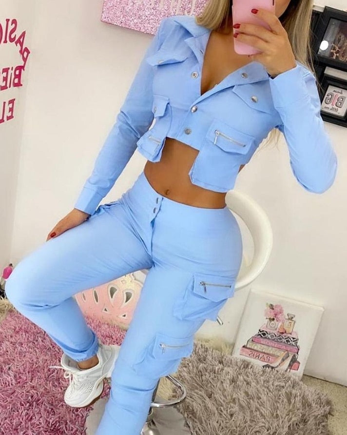 Women Two Piece Outfits 2022 Autumn Fashion Plain OTTD Buttoned V-Neck Long Sleeve Crop Top &amp; Skinny High Waist Cargo Pants Set - Executive-Skincare