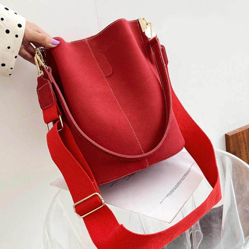 Women Bucket Bag PU Leather Design Shoulder Bag Large Capacity Lady Crossbody Bags Wide Strap Female Solid Color Totes - Executive-Skincare