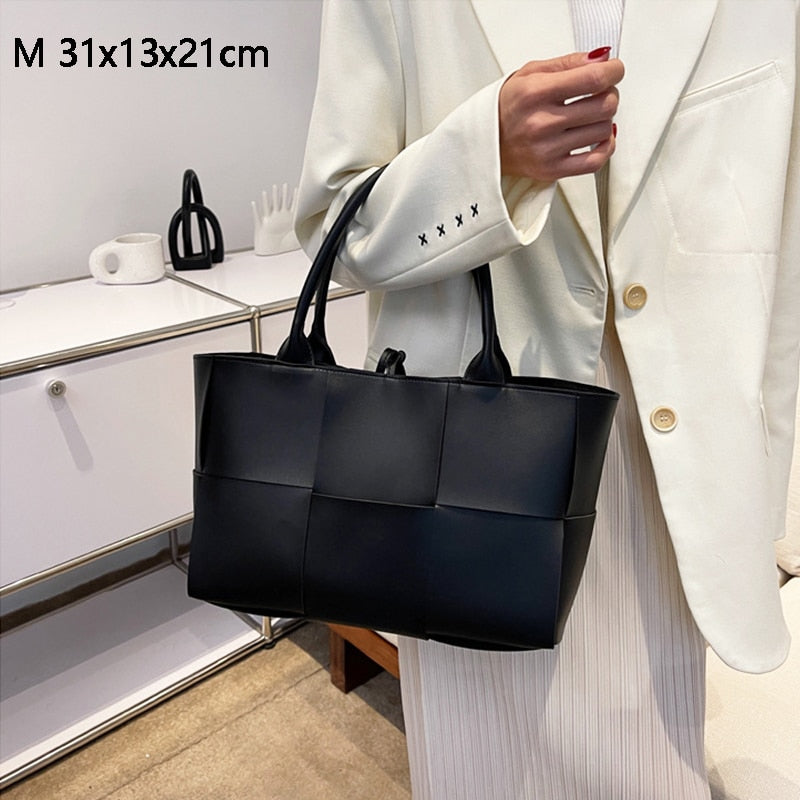 JIOMAY Large Capacity Handbags for Women 2022 Fashion Leather Woven Tote Bags Designer Solid Color Lacing Plaid PU Shoulder Bags - Executive-Skincare