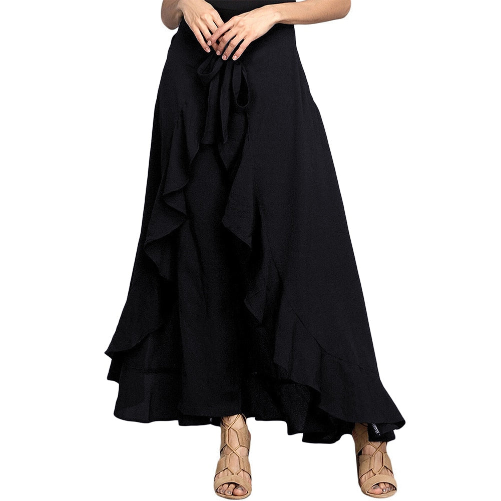 Women Palazzo Pants  Causal Ruffle Drawstring Trouser Elegant High Waist Irregular Loose Pure Color Autumn Female Pant Skirt - Executive Quality Store