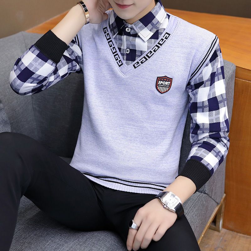 Fashion Lapel Spliced Knitted Fake Two Pieces Lattice Sweater Men&#39;s Clothing 2022 Autumn New Casual Pullovers Loose Korean Tops - Executive-Skincare