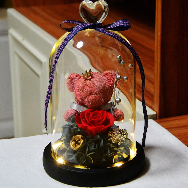 Lovely Eternal Flower Rose Bear Glass Cover with LED Light Valentine&#39;s Day Birthday Gift for Wife Girl Friend Mother Daughter - Executive-Skincare