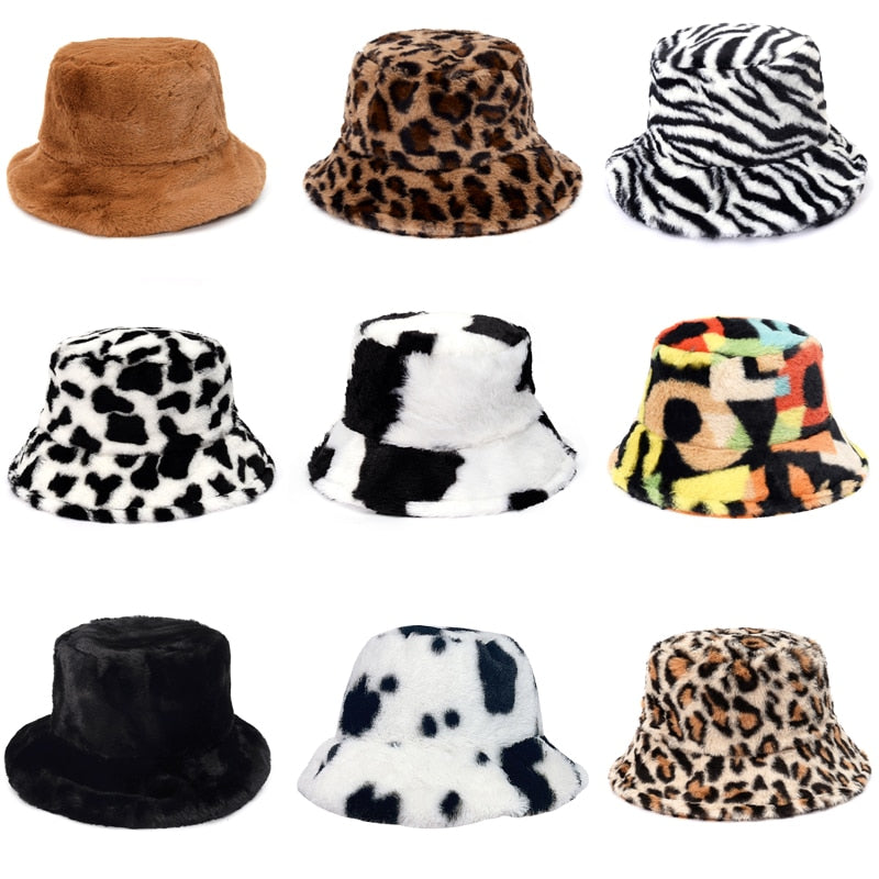 Winter Cow Leopard Faux Fur Fluffy Bucket Hats Women Outdoor Warm Sun Hat Soft Velvet Furry Fisherman Cap Girl Fashion Panama - Executive-Skincare