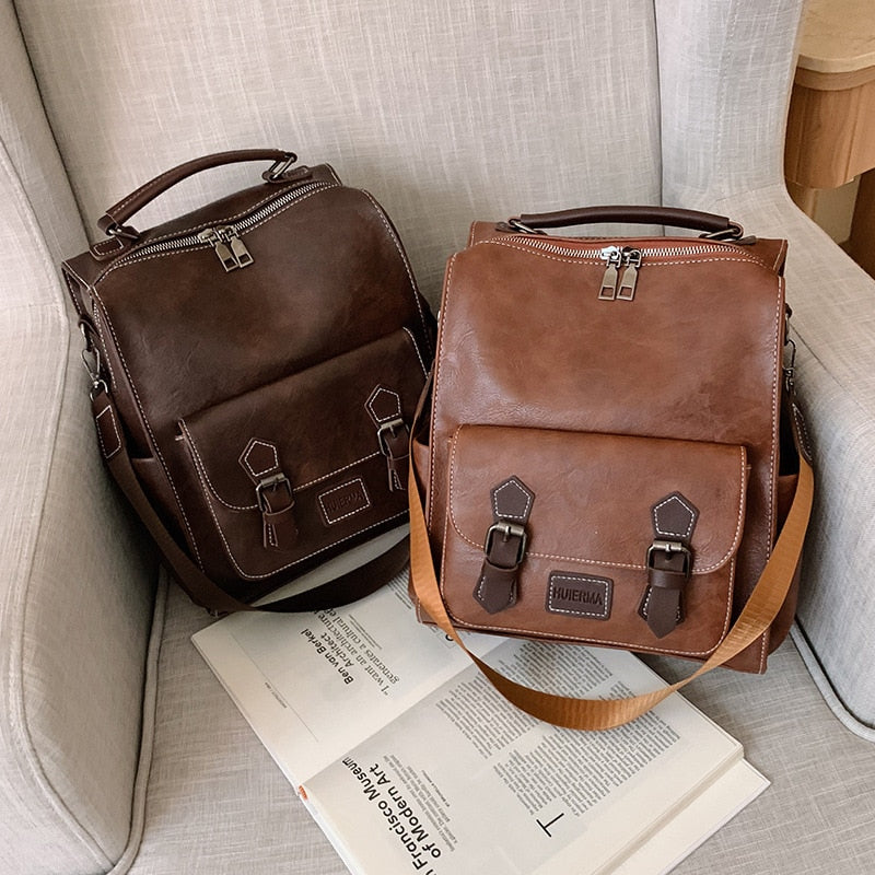 WR 2022 Trendy Women&#39;s Backpack Vintage Pu Leather Daypack Brown Mochilas Para Mujer Casual Travel Bag Retro Student School Bag - Executive-Skincare