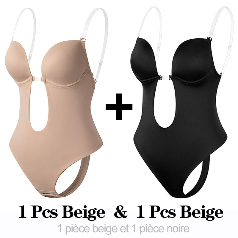 Invisible Shaper Bra Sexy Bodysuit Corset Backless Deep V-Neck U Plunge Thong Waist Trainer Clear Strap Padded Push Up Shapewear - Executive Quality Store