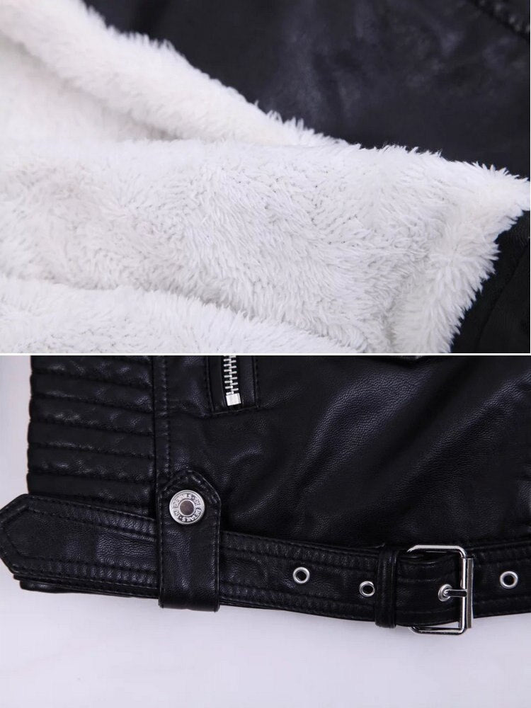 2023 Hot Fashion Women Winter Warm Faux Leather Jackets with Fur Collar Belt Lady Black Pink Motorcycle Biker Outerwear Coats - Executive-Skincare