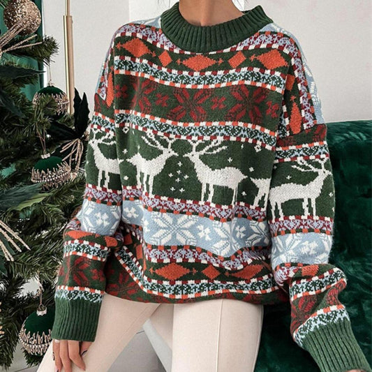 Christmas Jacquard Sweater Pullovers O-Neck Long Sleeve Ribbed Trim Reindeer Snowflake Striped Print Xmas Sweater Knitwear - Executive-Skincare