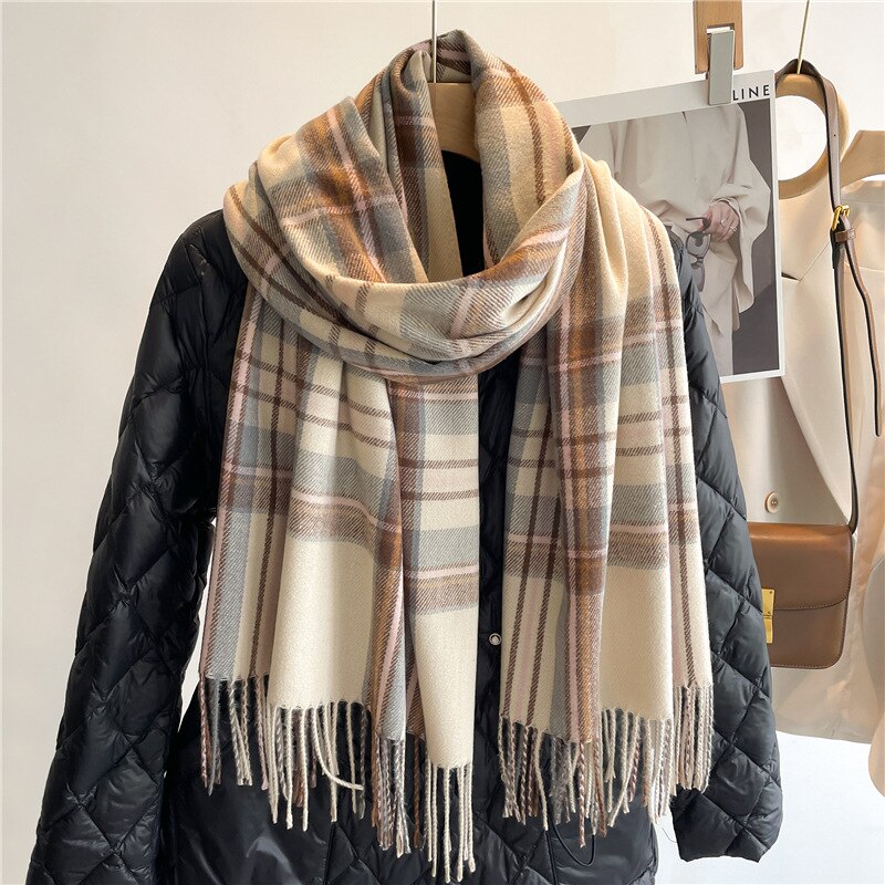 Luxury Brand Winter Plaid Women&#39;s Cashmere Scarf Warm Shawls and Wraps Thicked Wool Pashmina Female Blanket Scarves - Executive-Skincare