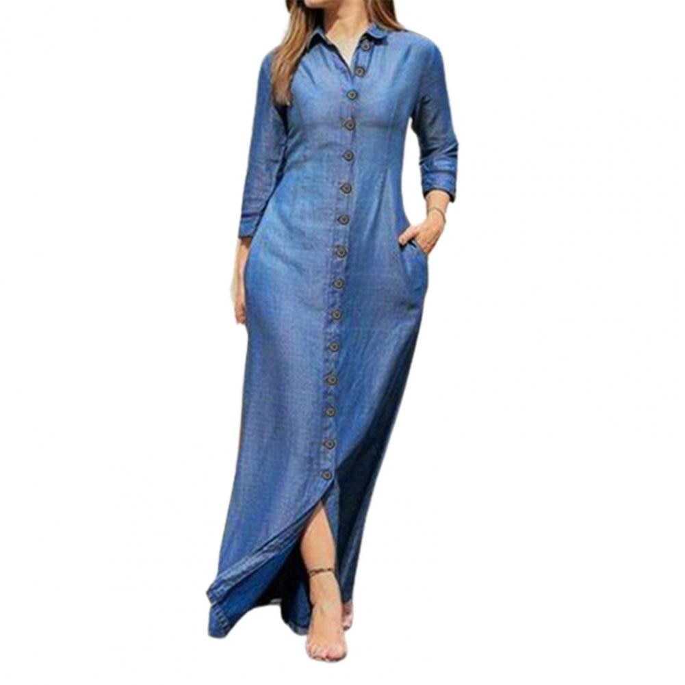 Shirt Dresses Turn-Down Collar 3/4 Sleeve Women Dress Two Pockets Single Breasted Denim Maxi Dress Party Vestidos Robe - Executive-Skincare