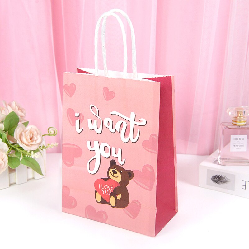 5pcs Love Heart Bear Kraft Paper Bags Valentines Day Gift Packaging Anniversary Wedding Cookie Candy Bag Birthday Party Supplies - Executive-Skincare