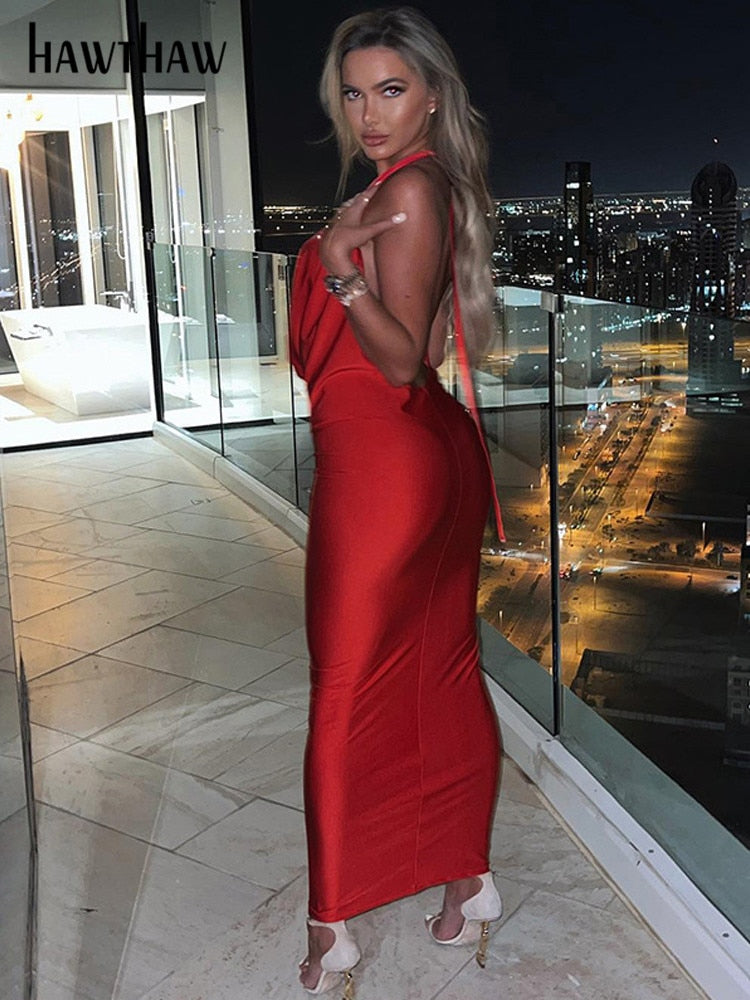 Hawthaw Women Sexy Halter V Neck Party Club Evening Bodycon Backless Long Dress Streetwear 2022 Summer Clothes Dropshipping - Executive-Skincare