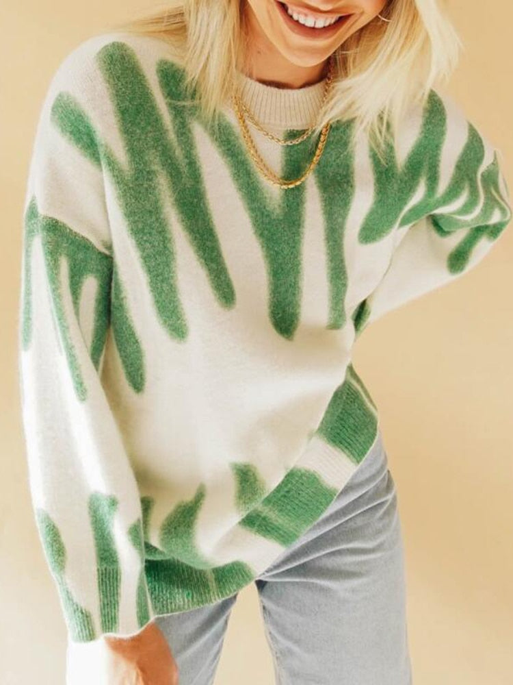 Print Knitted Sweater Women Elegant Green Striped Oversized Pullovers Women Winter Loose Long Sweaters Streetwear Sueter Mujer - Executive-Skincare