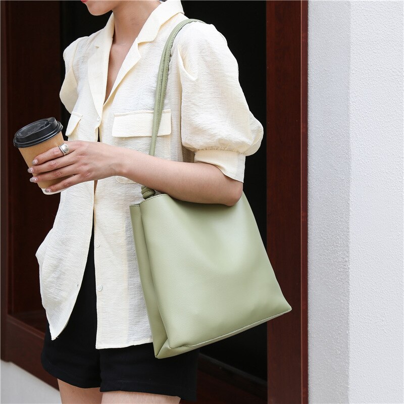 Large Capacity Bucket Bag Fashion Solid Color Ladies Shopping Bag PU Leather Shoulder Bags Purses and Handbags Bags for Women - Executive-Skincare