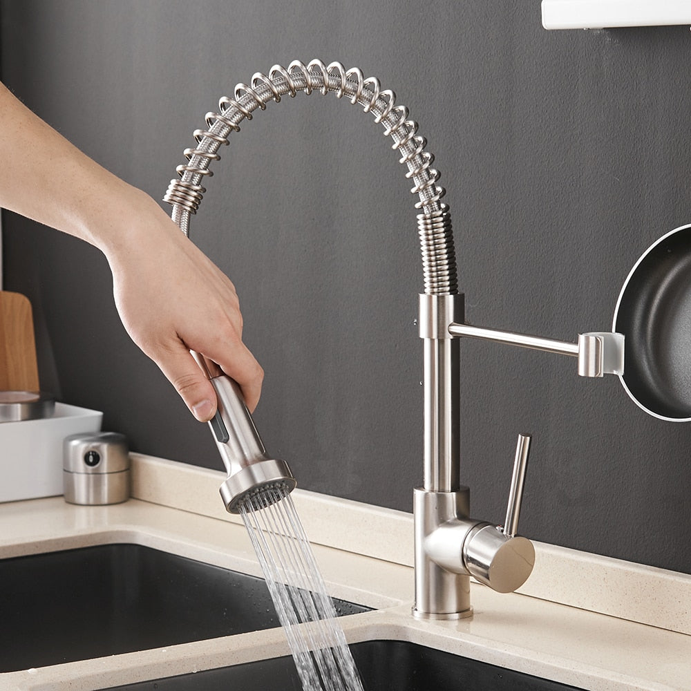 Kitchen Faucets Brush Brass Faucets for Kitchen Sink  Single Lever Pull Out Spring Spout Mixers Tap Hot Cold Water Crane 9009 - Executive-Skincare