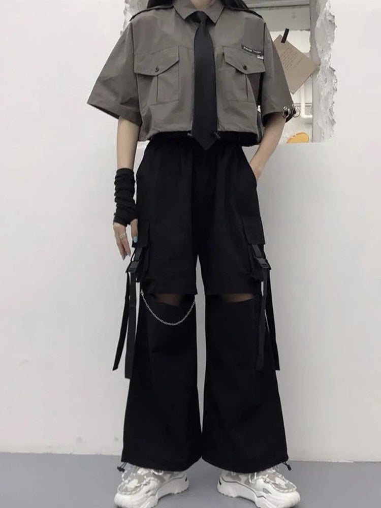 HOUZHOU Gothic Streetwear Women&#39;s Cargo Pants with Chain Punk Techwear Black Oversize Korean Fashion Wide Leg Trousers 2021 Alt - Executive Quality Store