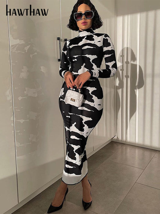 Hawthaw Women Fashion Autumn Long Sleeve Printed Bodycon Pencil Long Dress Streetwear 2021 Fall Clothes Wholesale Items - Executive-Skincare