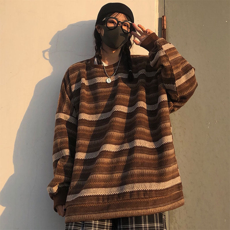 Unisex Women Striped Knit Sweater Spring Autumn Retro Hip Hop Pullovers Tops Female Oversize Ulzzang BF Couples Japanese - Executive-Skincare