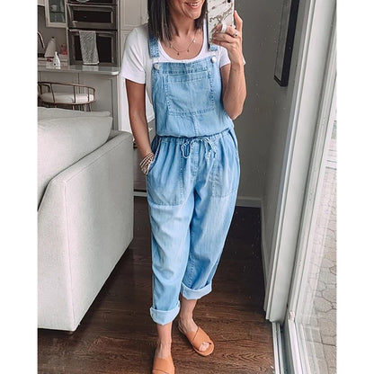 Spring Autumn Thin Loose Casual Womens Denim Jumpsuit Lace Up Elastic Waist Overalls Solid Color Wide Leg Trousers Bodysuit 6218 - Executive Quality Store