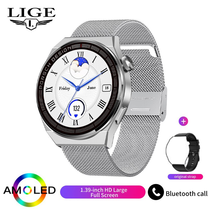 LIGE New Smart Watch Men AMOLED 390*390 HD Screen Always Display Time Fitness Bracelet Waterproof Stainless Steel Smartwatch Men - Executive-Skincare