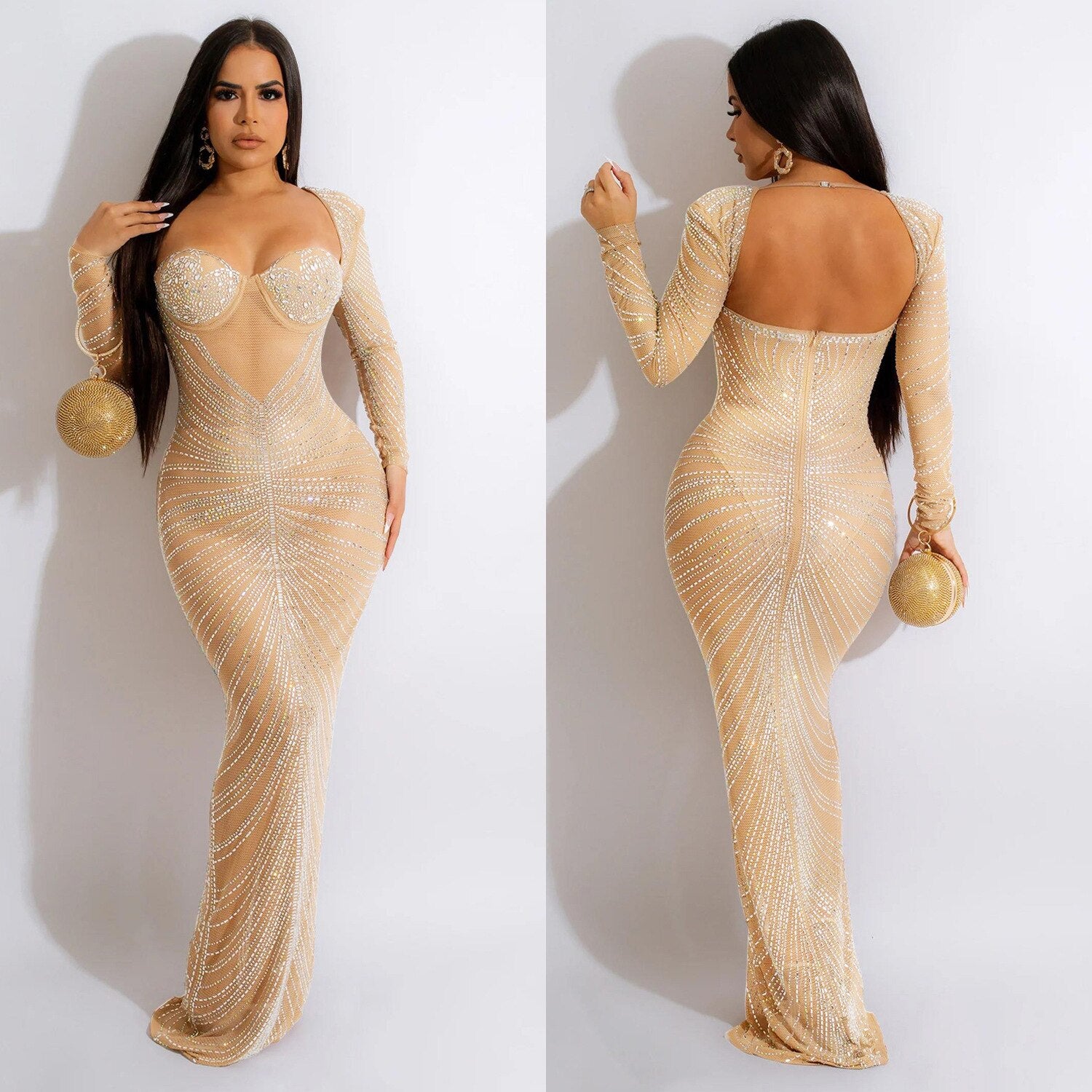 Diamonds Sheer Mesh Maxi Party Dress Women Strapless Backless Long Sleeve Bodycon Long Clubwear Robe Female Birthday Gifts - Executive-Skincare