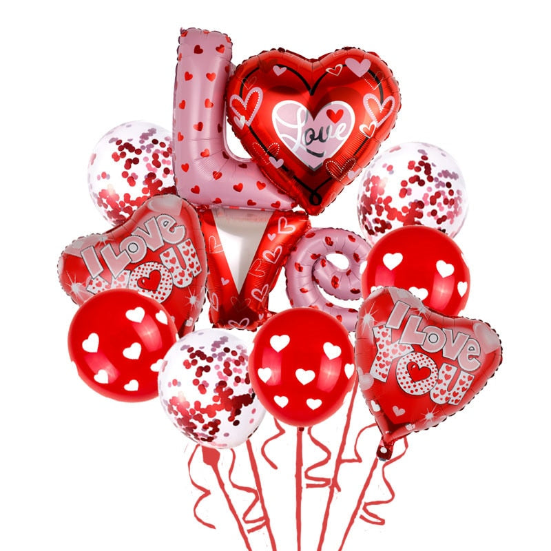 9Pcs Red Heart Love Foil Balloon Kit for Valentine&#39;s Day/Wedding Mariage Party Decorations I Love You Kiss Lips Ballons - Executive-Skincare