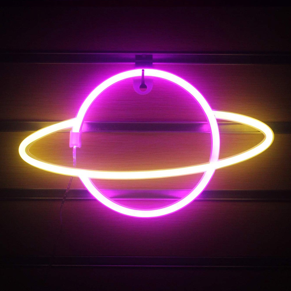 Planet LED Lights Neon Light Sign Bedroom Decor Neon Sign Night Lamp for Rooms Wall Art Bar Party USB or Battery Powered - Executive-Skincare