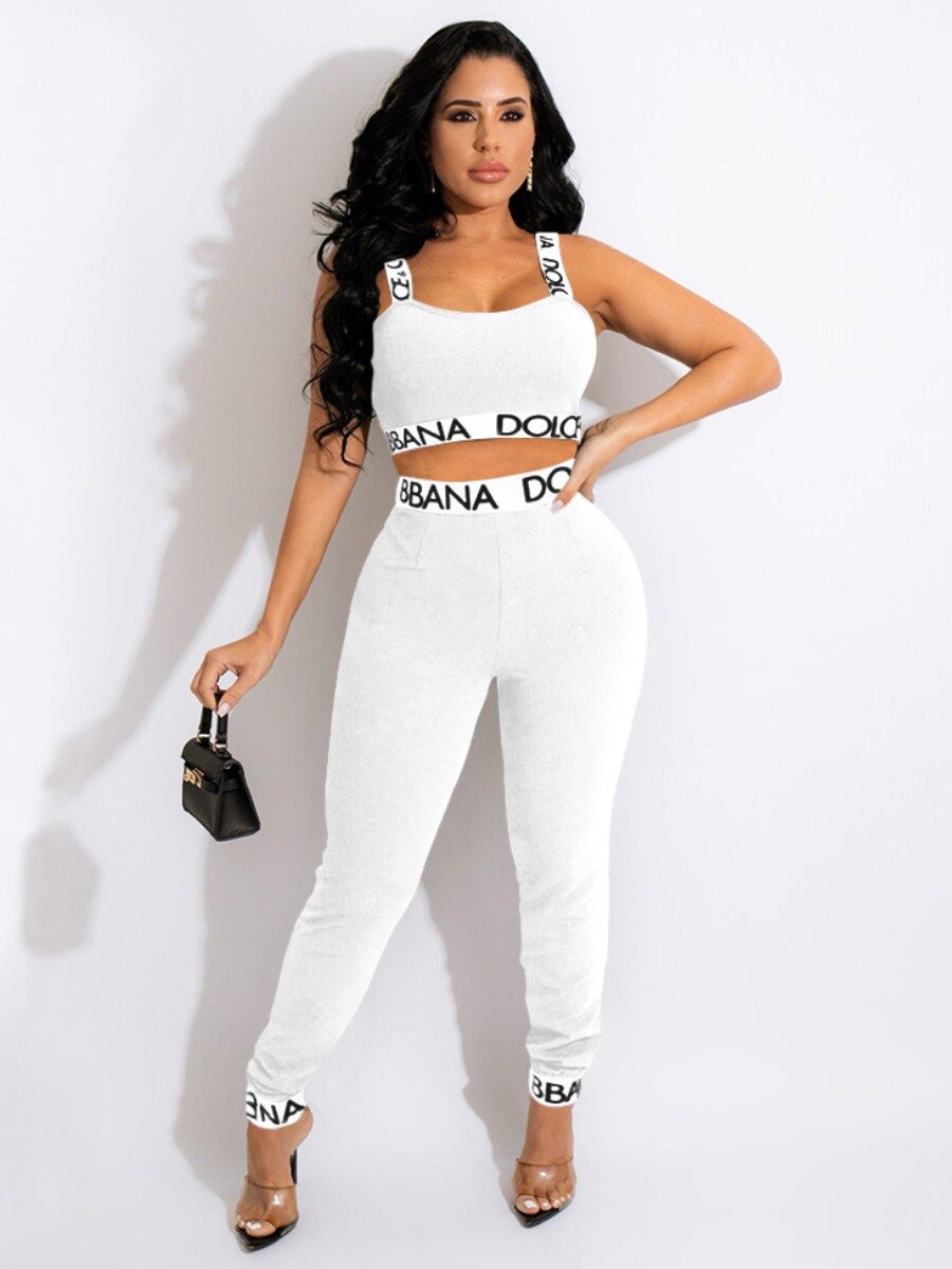 LW Two Piece Set Women Crop Tops and Pants Cami Letter Print Summer Elegant Classic Casual Sleeveless Medium Stretchy Outfits - Executive-Skincare