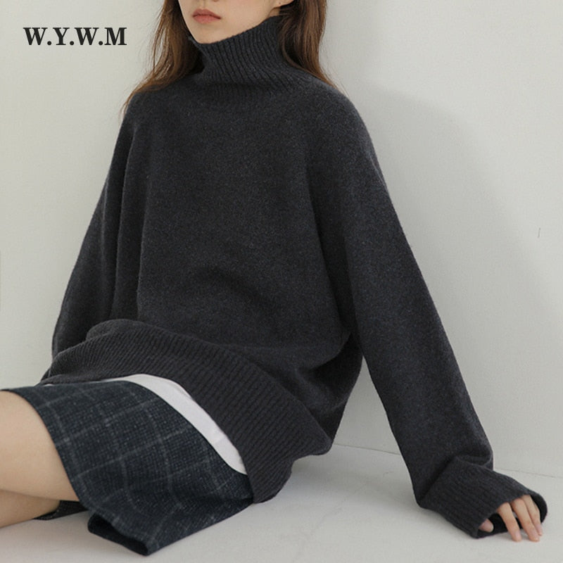 WYWM Turtle Neck Cashmere Sweater Women Korean Style Loose Warm Knitted Pullover 2021 Winter Outwear Lazy Oaf Female Jumpers - Executive-Skincare