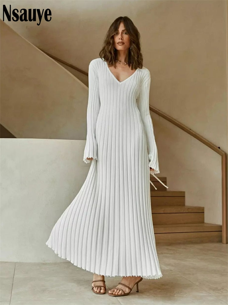 Nsauye Knitted Dresses For Women 2022 Autumn Winter Elegant Pleated Long Dresses Long Sleeve V Neck Casual Slim White Maxi Dress - Executive-Skincare