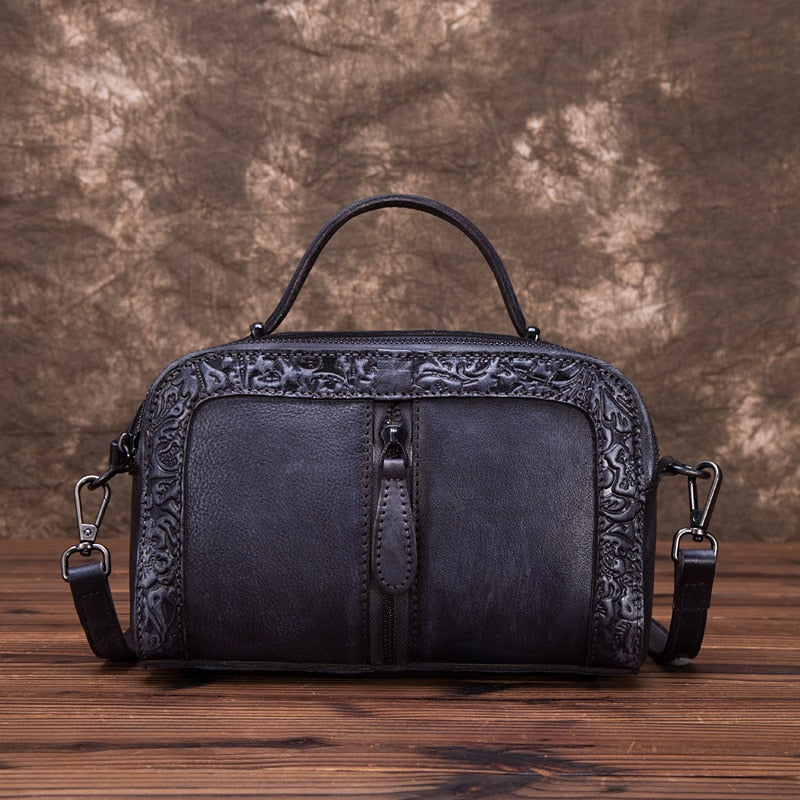 High Quality Genuine Leather Women Cowhide Top Handle Bags Vine Embossed Tote Handbag Vintage Crossbody Shoulder Messenger Bag - Executive-Skincare