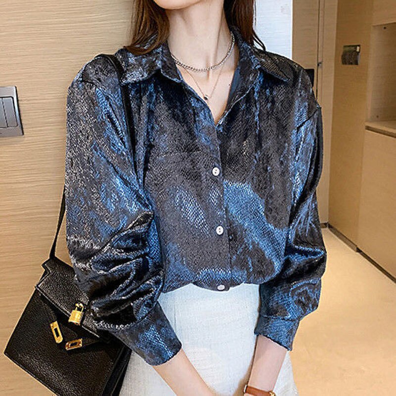 Korean Chic Bright Solid Color Single-breasted Blouse Female Casual Long Sleeve Polo-Neck All-match Shirt Women&#39;s Clothing New - Executive-Skincare