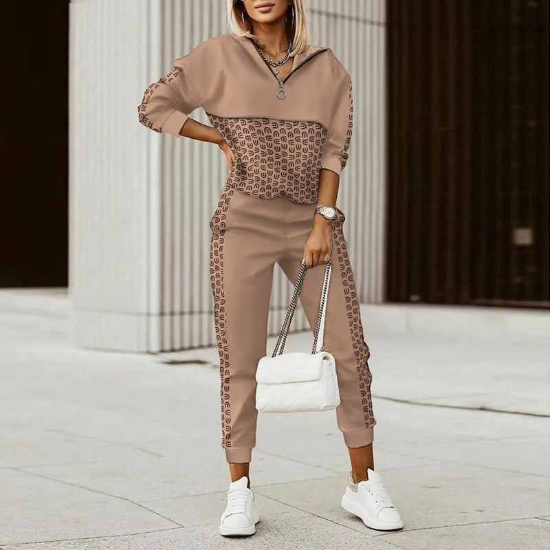 Hooded Long Sleeve Spring Autumn Pants Suit Women Print Tops Loose Pants Two Piece Set Vintage Patchwork Pockets Office Lady Set - Executive-Skincare