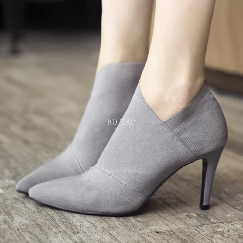 2023 Grey Fashion Women High Heel Booties Female High-Heeled Boots Young Ladies Booties 8.5cm Heel Cloth Boots Large Size 34-41 - Executive-Skincare